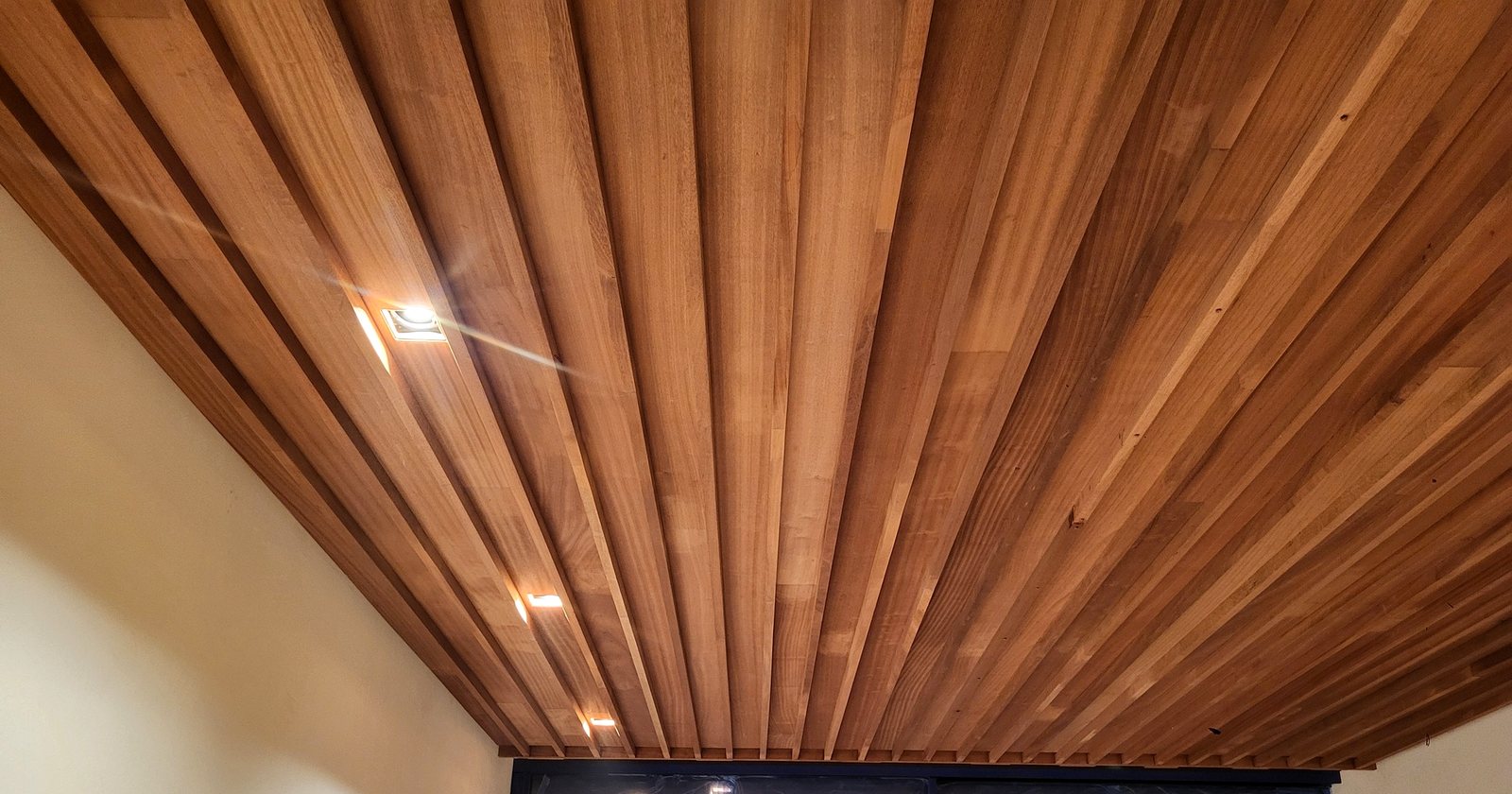 Cedar slat ceiling with recessed lights