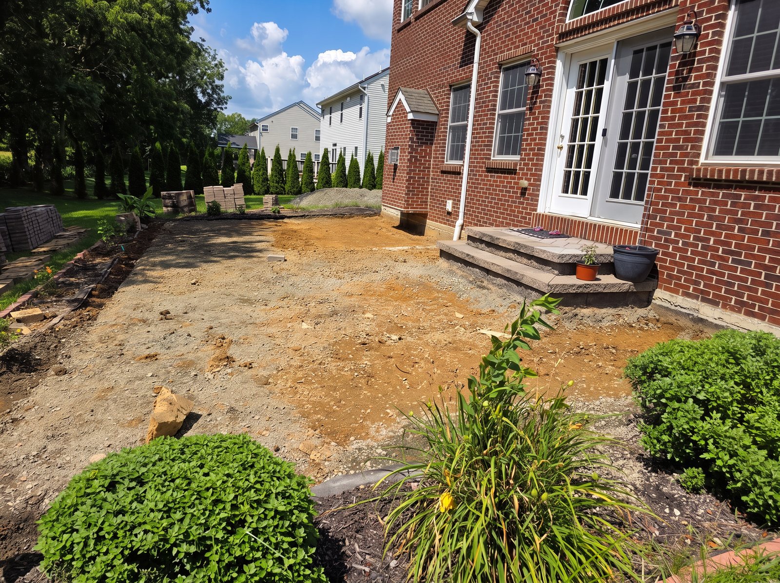 Before: bare dirt beside a brick house